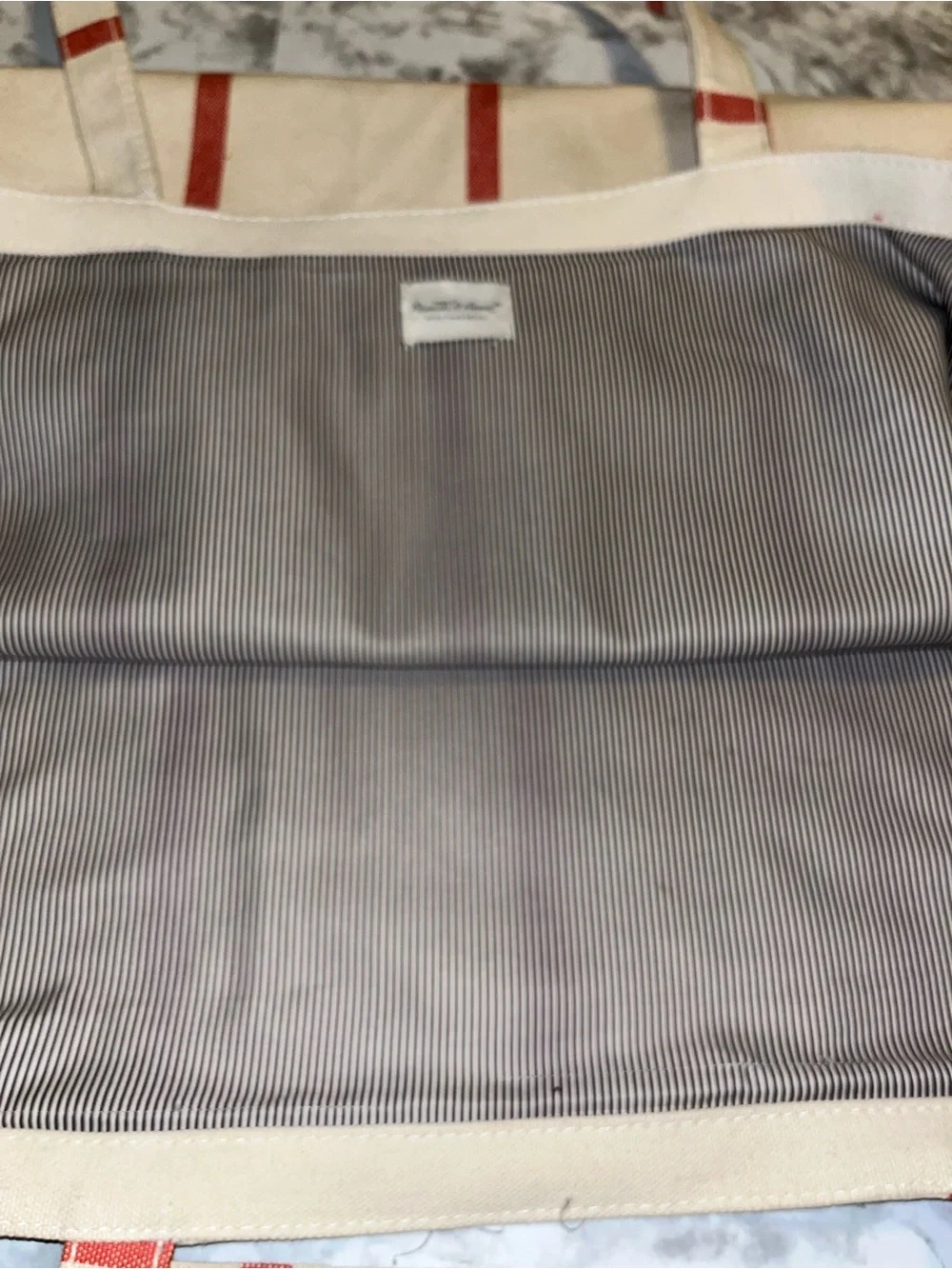 Large Hearth & Hand Cancas Cream Tote with Red Stripes and Turquoise Monogram